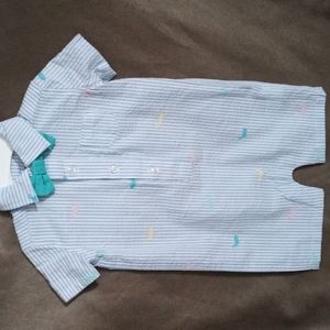 Crown & Ivy 6 Month Baby Boy Blue/White Striped Outfit with Teal Bow Tie